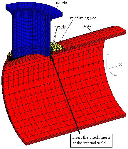 Fgure 1. Uncracked set-n nozzle mesh Nozzle Data For ths example, the set-n nozzle dmensons have generc values, whch are gven as follows. The shell nsde radus s 20 n and the shell thckness s 1.5 n.