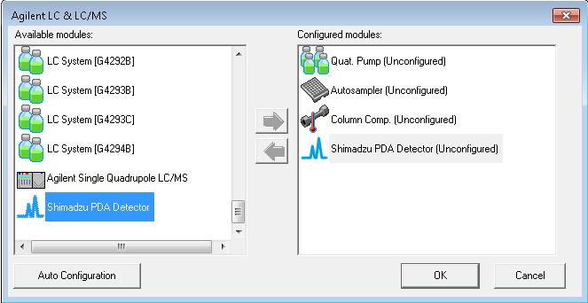 Configuration Configure Instrument Add a PDA Detector (1/2) To add a Shimadzu PDA Detector to an existing HPLC System, perform the following in the OpenLAB Control Panel: 1.