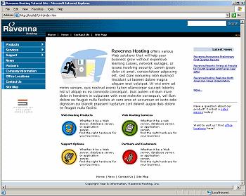 Figure 1-4 Home page of the Ravenna Hosting site The site has many features commonly found on web sites today, like an expanding and collapsing navigation menu, a search box, a dynamic list of links,
