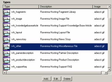 Figure 1-1 Ravenna Hosting content types in the Configuration Manager Turning off Revision Labels The Ravenna Hosting web site was originally set up on a content server where revision labels were