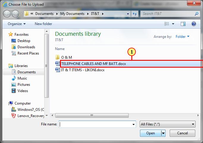 Choose File to Upload Step Action (1) Click on the document you want to attach in the RFX (2) Click Open.