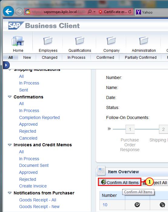 Confirm All items screen for Purchase Order Step Action (1) Click.