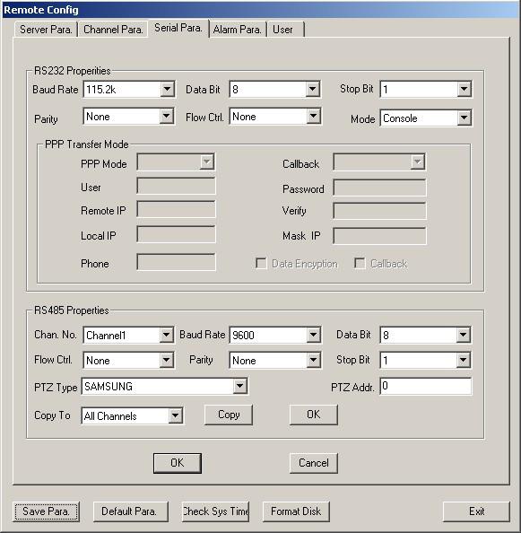 2.3.2.3 Serial Parameters In the serial parameters sub dialog, you can setup the RS-232 and RS-485 port of DVRDVS.