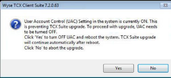 Figure 50. User Account Control (UAC) 2 The Upgrading Wyse TCX Client Suite 7.2.0.XX dialog box is displayed.