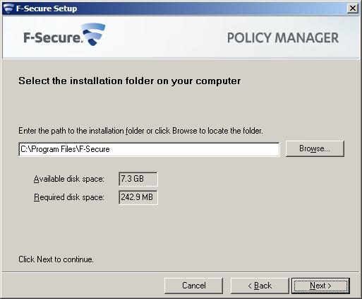 F-Secure Client Security Installing Policy Manager 21 Select both Policy Manager Server and Policy Manager Console to install both components on the same machine.