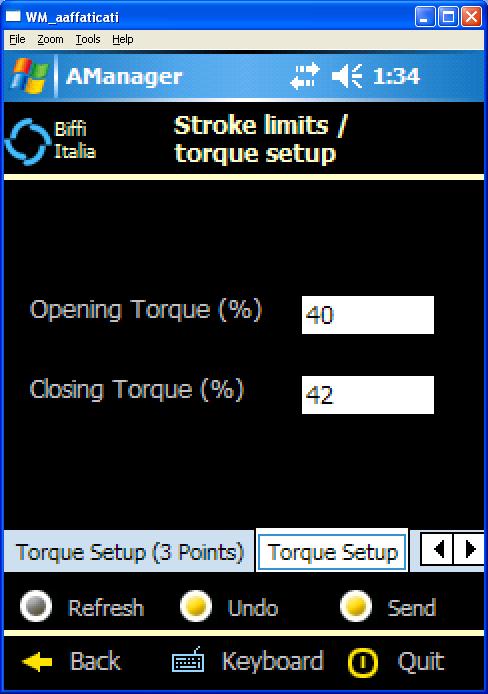 4.3 Examples for ICON/F01/EFS 2000 v4 4.3.1 To Modify the opening torque limit Run A-Manager and from Main Menu click Actuator Setup section and then Stroke Limits and Torque Setup.