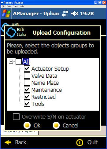 Import the new configuration file *.icon by the A-Manager import function Select Sections and then click OK to send data to actuator.