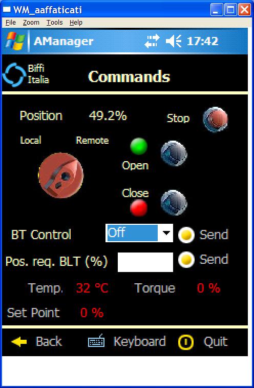 5.3.4 To set new stroke limits in closure Disable position request ( OFF) in the optional module (if it is present) by the commands Modify and Send 5.3.4.1 Closure by torque In Operation, Command, click ON the Bluetooth controls and then click Send.