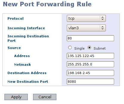 23.2.4 New Port Forwarding Rule Menu path: Configuration Firewall Port Forwarding New Forwarding Rule Protocol Incoming Interface Incoming Destination Port Source Destination Address New Destination