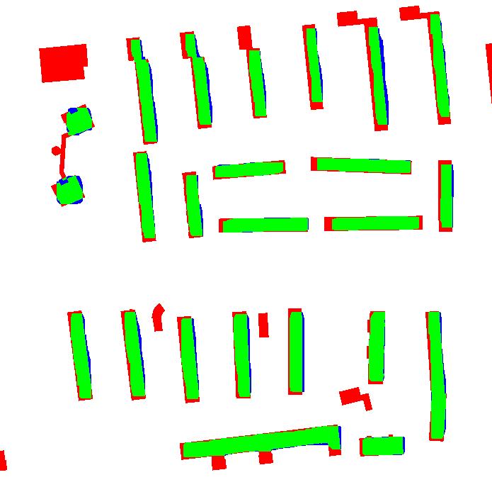 For visualization and better interpretation the extracted building footprints are overlapped with the reference building footprints in Figures 4(c) and 4(d) for both test datasets.