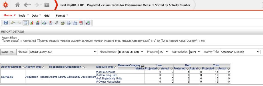 Regardless of what method is selected, once the Activity Title column is moved to the Page-by Axis, the report is filtered to only show one Activity