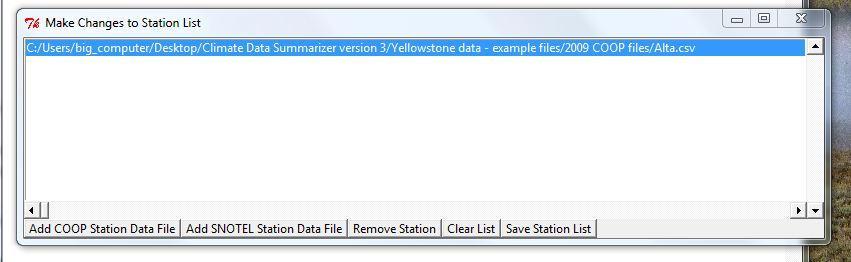For example, you might have a file name that looks like this: C:/Users/big_computer/Desktop/Climate Data Summarizer version 3/Yellowstone data - example files/2009 COOP files/alta.