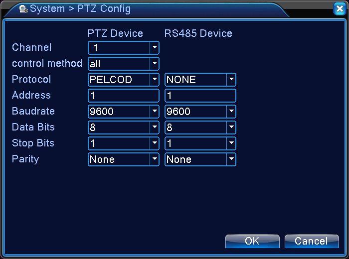 Control Method: Select either Coaxial, RS485 or all.