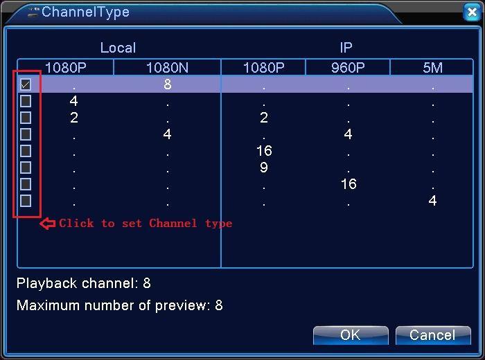 5.3.9 Digital Click the appropriate box(s) base on your cameras, default is AHD; click OK and then the DVR will reboot.
