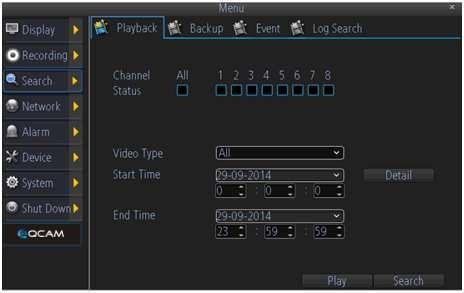 Below is an explanation of the fields on this screen: Channel Status: This set of checkboxes allows the user to choose the camera/channel to playback.