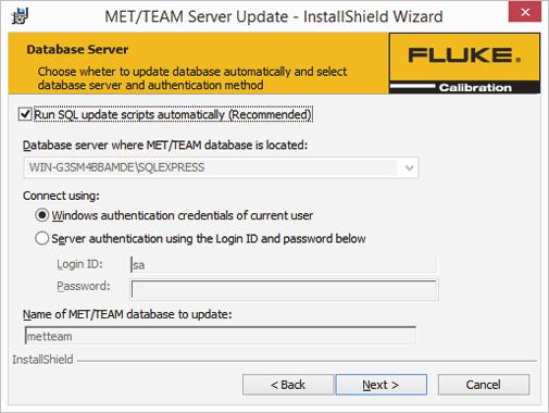 Fluke Calibration Software Installation Guide 6. Database Server dialog: Use this dialog to determine whether all necessary database update scripts should be applied to the database automatically.