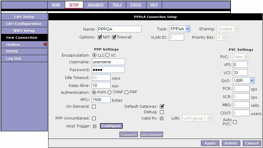 PPPoA Connection Setup PPPoA is also known as RFC 2364. It is a method of encapsulating PPP packets in ATM cells that are carried over the DSL line.