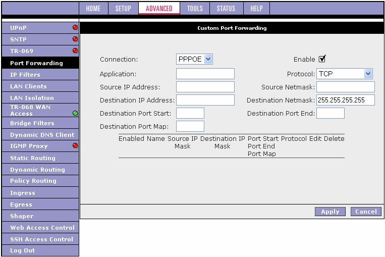 Custom Port Forwarding Page The Custom Port Forwarding page allows you to create up to 15 custom port forwarding entries to support specific services or applications, such as concurrent NAT/NAPT