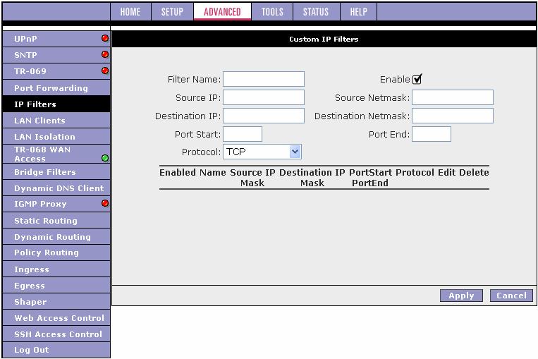 Custom IP Filters Page The Custom IP Filters page allows you to define up to 20 custom IP filtering entries to block specific services or applications based on: Source/destination IP address and