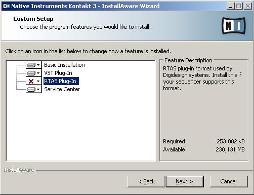 Kontakt Player Installation PC You ll come to the Custom Setup window (see below). Choose what features you want to install.