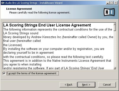 LASS Installation under Windows You will see the LA Scoring Strings License Agreement page (below): Read the License Agreement and check the I accept the terms