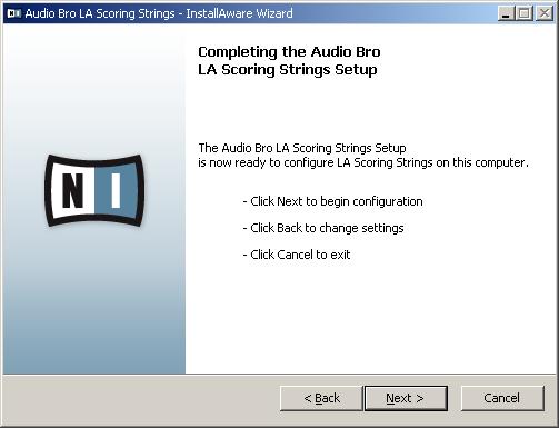LASS Installation under Windows You will then see the Completing the audiobro LA Scoring Strings Setup dialog box (below): Now you are ready to begin the installation.