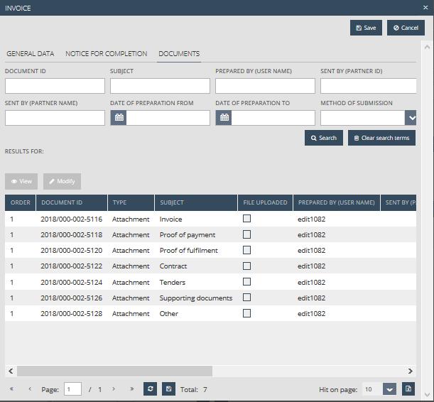 FRONT OFFICE SCREENS Invoices - Documents After saving the general data of the invoice the Documents tabsheet appears At least one document is obligatory to be uploaded