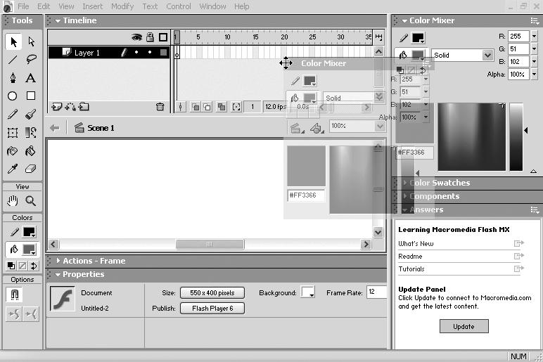 2. Interface Macromedia Flash MX H O T Undocking and Docking Panels Don t think for a moment that you are stuck with the default panel layout.