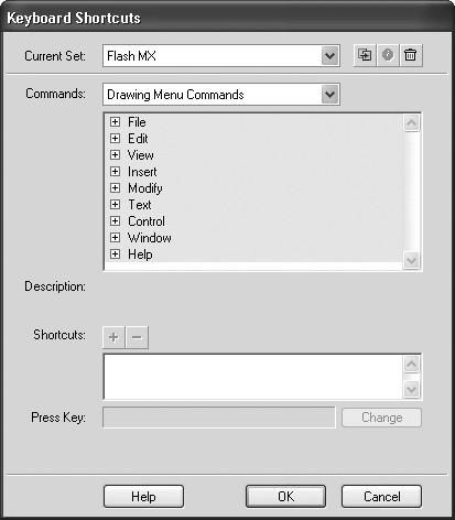 2. Interface Macromedia Flash MX H O T Custom Keyboard Shortcuts Delete Set Rename Set Duplicate Set Commands list Add/Delete Shortcut Shortcuts list To further streamline your workflow in Macromedia