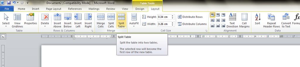 2. Table Tools > Layout > Split Table 3. The table is now divided to two tables. Moving / Resizing a Table The table move handle moves the whole table around on the page.