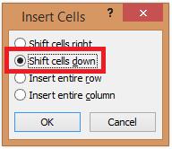 Figure 8d: The "Shift cells down" option fills a new, single cell in the position of