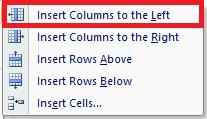 Figure 8e: The "Insert Columns to the Left" option will insert a column of new cells
