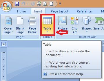 Click the "Insert" tab in the top left corner of your screen, then find the "Table" button. Figure 1a (above): This is the toolbar for Microsoft Word.