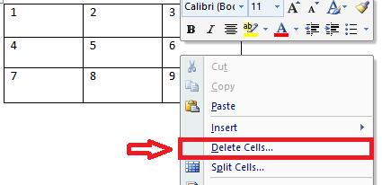 4. To delete cells, right-click on a cell or highlighted group of cells you wish to delete. Then, click "Delete Cells.