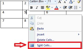 5. To split a cell, right-click on a single cell and click the "Split Cells..." button from the menu.