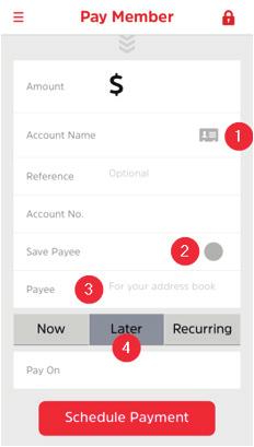 Pay Member The Pay Member screen allows you to credit another P&N Bank member quickly and easily from the Mobile App. Like the Transfer option above, these payments are immediate. 1. 2. 3. 4.