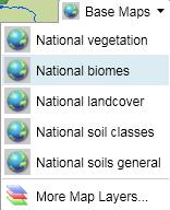 5 Turning on Base Maps Each BGIS interactive map has the following base maps/layers: National Vegetation National Biomes National Landcover National Soil Classes National Soils General There are two