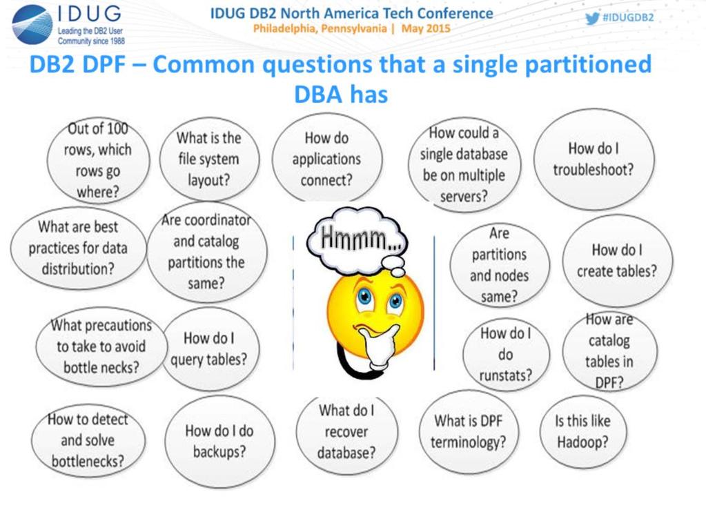 These are some of the common questions that a single partitioned DBA who is getting ready to work on DPF usually has.