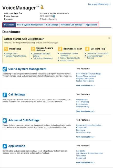Understanding the Dashboard Accessing the Dashboard Modules 1. From the MyAccount Resource Center page, click the View Voice Tools link. Result: The Dashboard appears. Figure 4.