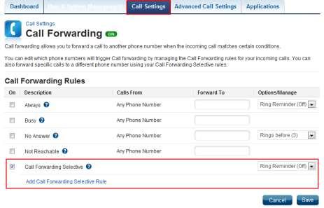 Call Forwarding Selective Call Forwarding Selective allows you to re-route specific incoming phone calls that match criteria you have set.