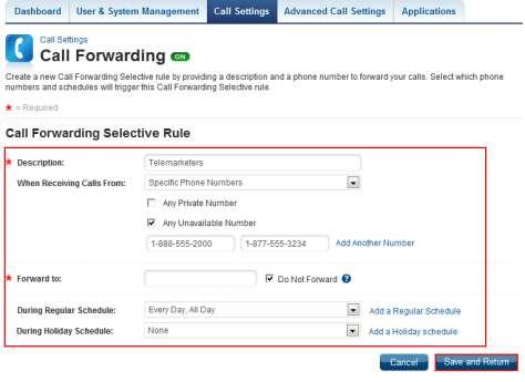 Figure 17. (Add) Call Forwarding Selective Rule (configuration) Use the following steps to set criteria that will define what, when, and how calls are forwarded the Call Forwarding Selective feature.