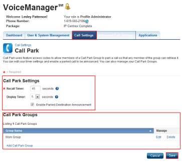 Call Park and Directed Call Park Call Park allows you to hold a call for an extended period of time and retrieve it from any extension within your group.