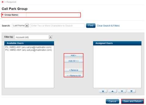 Add a Call Park Group Figure 23. Add Call Park Group Setup Page 10. Continue from steps 1-9 on page 23 and enter a description for the members in the Group Name field. 11.