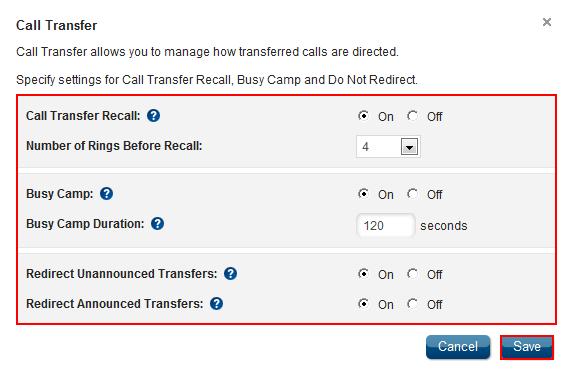 Call Transfer Call Transfer allows you to manage how transferred calls are directed. Note: You can click the Save button after any type of Call Transfer. Figure 26.
