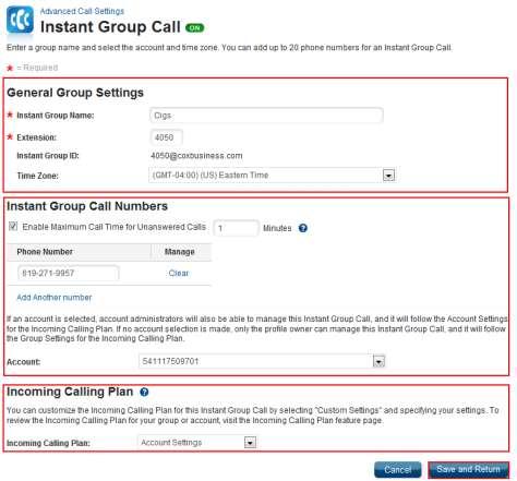also manage this Instant Group Call group and it will follow the Account Settings for the Incoming Calling Plan.