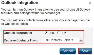 Outlook Integration Outlook Integration enables the use of your personal contact lists with the VoiceManager Toolbar, Receptionist Console, and Personal and Group directories. Figure 38.