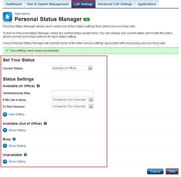 Personal Status Manager Personal Status Manager enables you to use one click route incoming calls. Figure 40.
