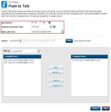 Push To Talk Push to Talk provides user-to-user intercom service across an enterprise. This service may be used in conjunction with Instant Call Group to emulate key system intercom functionality.