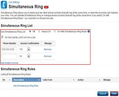 Simultaneous Ring Personal Simultaneous Ring enables selecting up to ten other phone numbers that will ring at the same time for incoming calls.