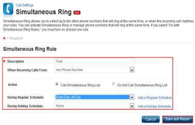 Click the Add Simultaneous Ring Rule link to create a new rule. 5. Enter a rule name in the Description field. 6. Click the When Receiving Calls From drop-down menu. 7.